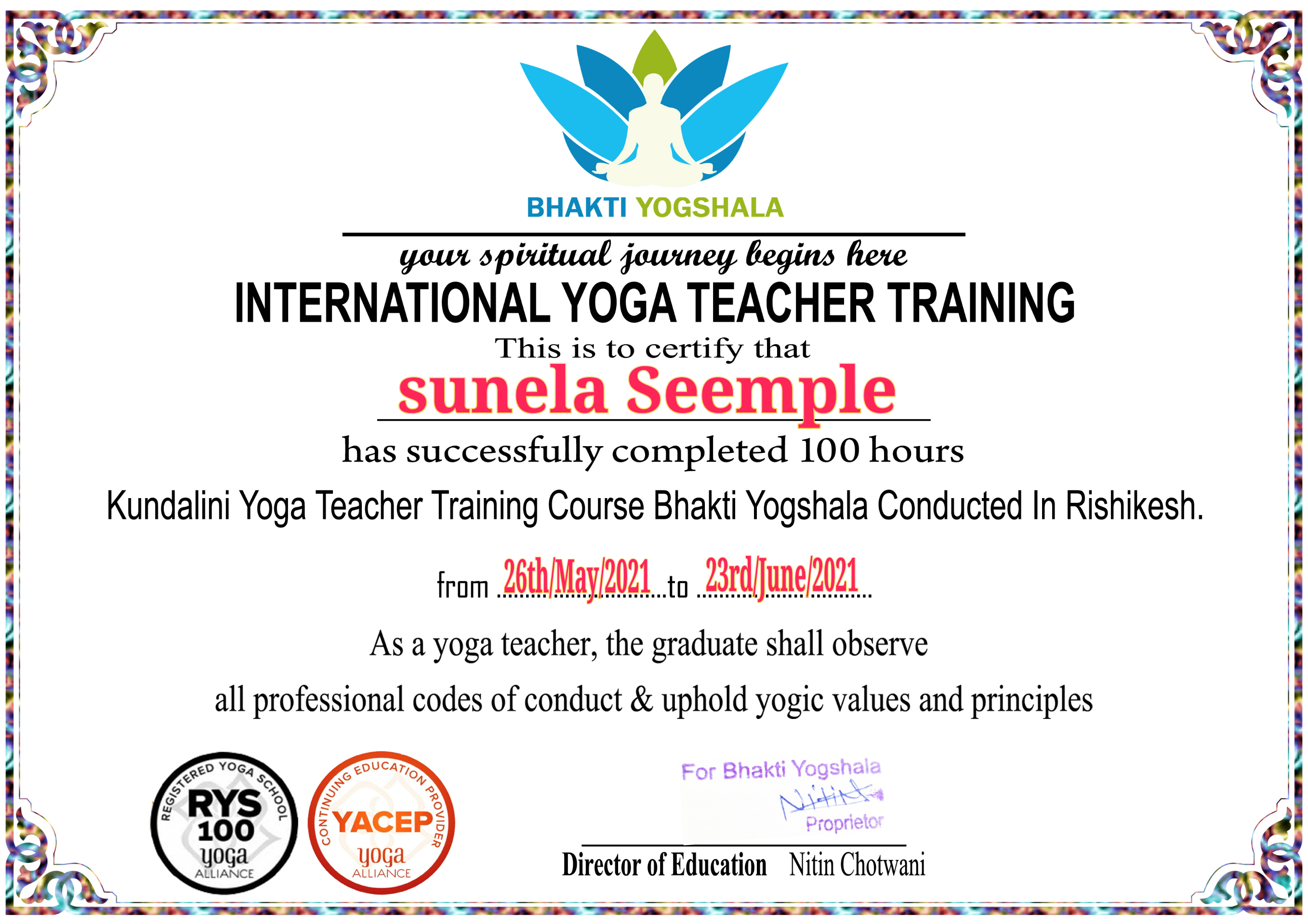 Kundalini Yoga Teacher Training Certificate – 100 Stunden